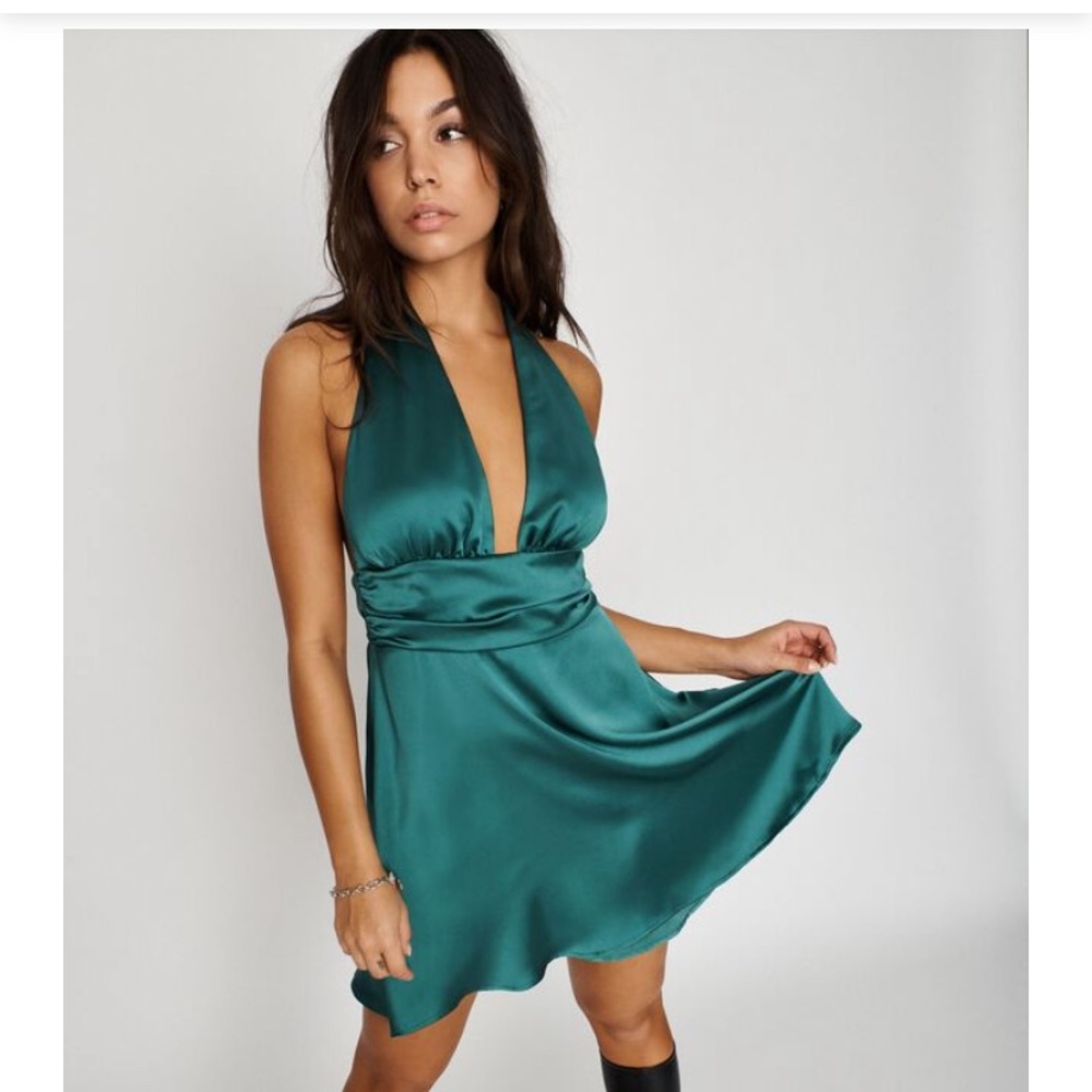 Garage Satin Halter Plunge Halter Dress